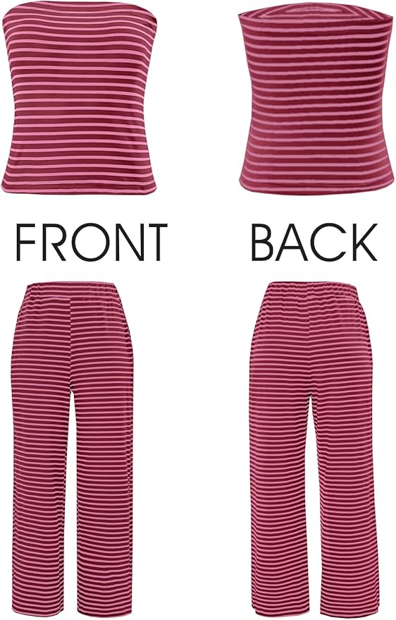 Tankaneo Womens Striped 2 Piece Sets Summer Strapless Crop Tube Tops Wide Leg Pants Matching Lounge Set Vacation Outfits