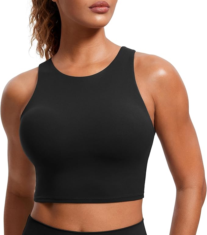 CRZ YOGA Butterluxe High Neck Crop Tank Tops for Women - Racerback Padded Longline Sports Bras Workout