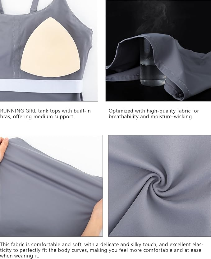 RUNNING GIRL Yoga Tank Tops for Women Built in Shelf Bra B/C Cups Strappy Back Activewear Workout Compression Tops
