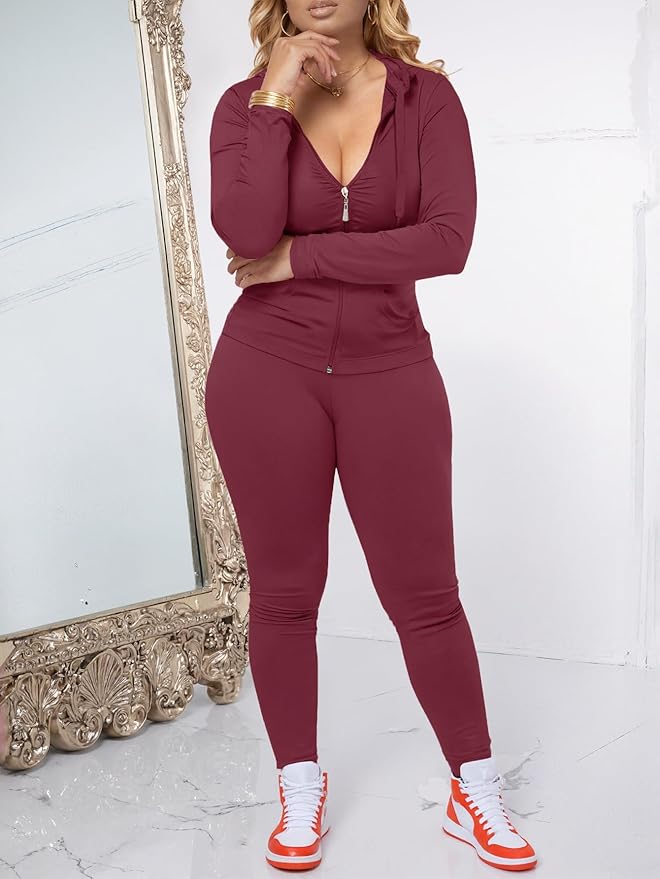 AUXDIO Women 2 Piece Outfits Casual Workout Sets Bodycon Tracksuit Zip Up Long Sleeve Hoodle Jacket Jogger Pants Set