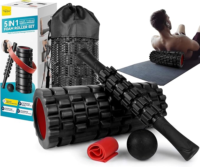 Krightlink 5-in-1 Foam Roller Set - Deep Tissue Muscle Recovery Kit with High Density Exercise Roller, Massage Ball, Resistance Band & Carry Bag for Physical Therapy & Pain Relief (Black)