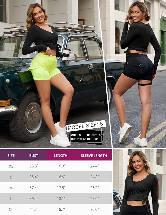 Perfashion Women Ballet Wrap Top Pilates Yoga Long Sleeve Workout Tie Tops Y2K Dance Shirt Blouses