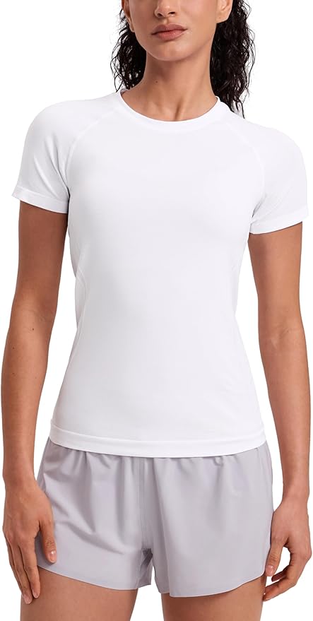 CRZ YOGA Seamless Workout Tops for Women Hip Length - Athletic Running Gym Yoga Short Sleeve Shirts Breathable Crewneck Tees