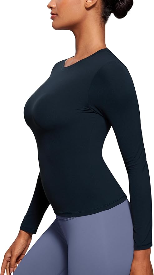 CRZ YOGA Softembrace Crewneck Long Sleeve Shirts for Women - Casual Going Out Tops Soft Basic Fitted Tight Fall T-Shirts