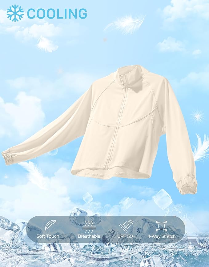 Soothfeel Women's Athletic workout Jacket Lightweight UPF 50+ Long Sleeve Sun Protection Shirts Zip Up Cropped Hiking Tops