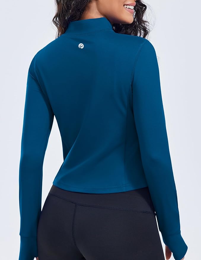 PINSPARK Women Cropped Workout Jackets Full Zip Slim Fit Athletic Jackets Thumb Holes Running Jacket with Zipper Pockets