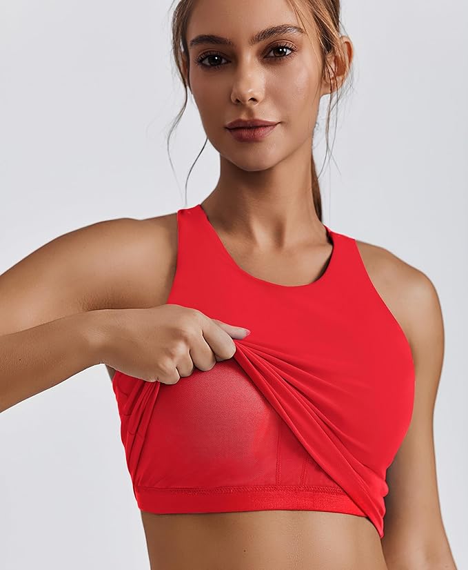 PINSPARK Women Sports Bra High Neck Racerback Workout Crop Tank Top Longline Padded Yoga Tops with Built in Pads