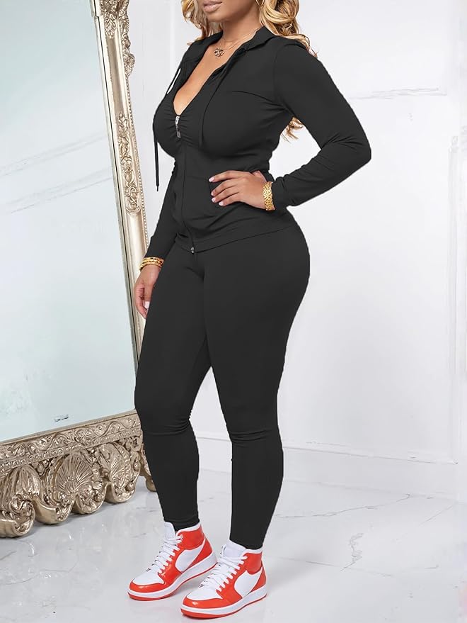 AUXDIO Women 2 Piece Outfits Casual Workout Sets Bodycon Tracksuit Zip Up Long Sleeve Hoodle Jacket Jogger Pants Set