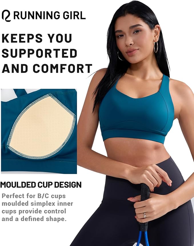 RUNNING GIRL Sports Bra for Women High Support, Molded Cup High Impact Sports Bras with Sewn in Pads Workout Running Bra