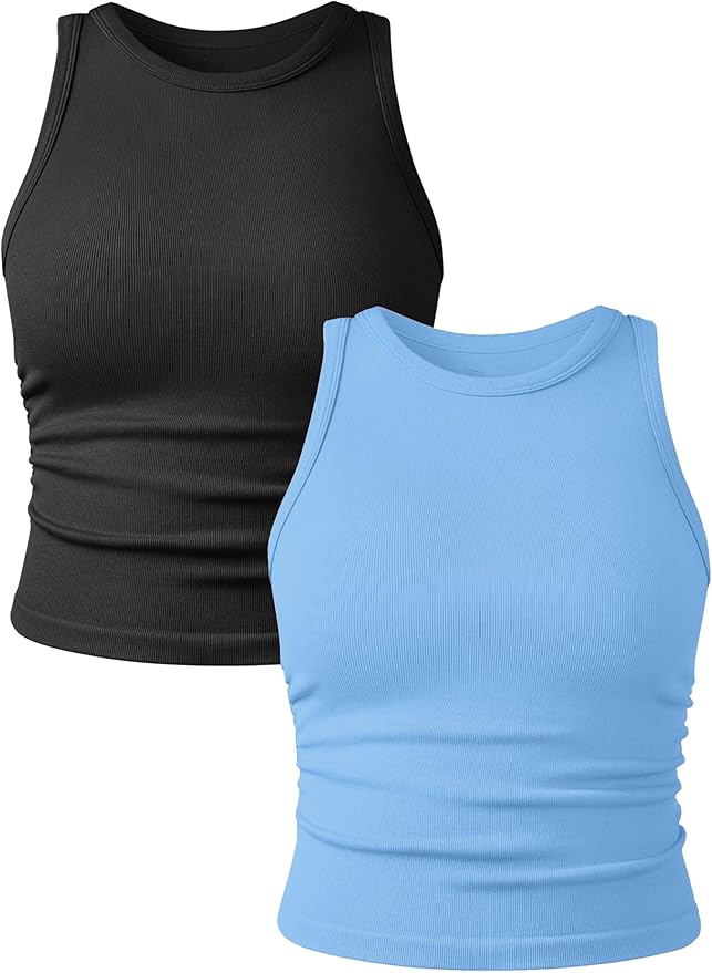 YIOIOIO Women's 2 Pieces Basic Seamless Tank Tops Sleeveless Crew Neck Workout Exercise Crop Camis