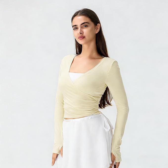 Women Wrap Top Thumb Hole Long Sleeve Self Tie Workout Shirt Pilates Ballet Yoga Tops
