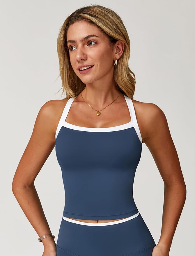 QBGJTD Womens Longline Sports Bras Cross Back Active Gym Yoga Padded Workout Crop Tank Top with Built in Bra