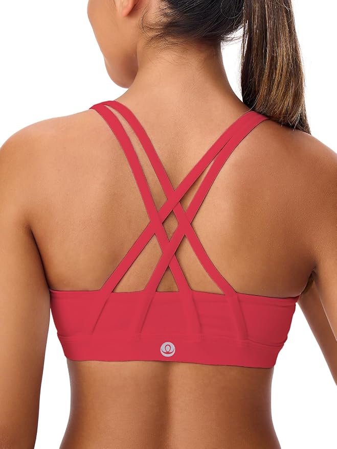 Women's Strappy Sports Bras Light Compression Crop Criss Cross Back Padded Workout Yoga Bra Supportive U Neckline