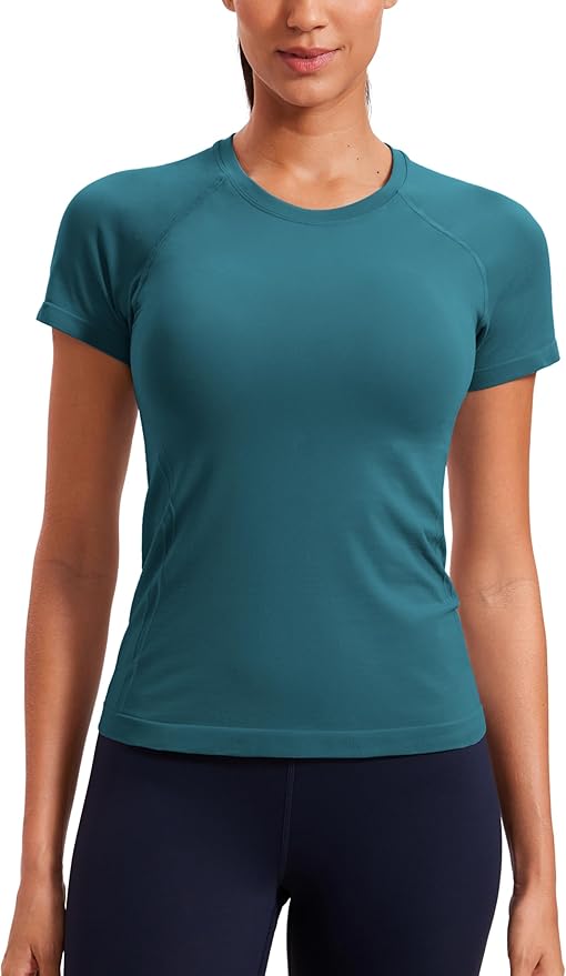 CRZ YOGA Seamless Workout Tops for Women Hip Length - Athletic Running Gym Yoga Short Sleeve Shirts Breathable Crewneck Tees