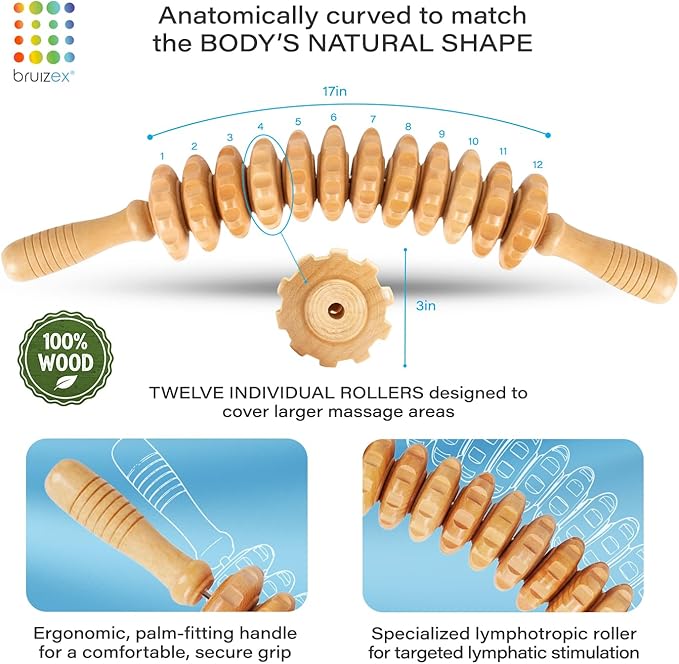 Bruizex Wood Therapy Massage Tool, Lymphatic Drainage Massage Roller Stick - Leg, Back & Thigh Muscle Roller for Post Liposuction & Fibrosis Treatment, 360 Lipo, Tummy Tuck & BBL, Lipo Foam