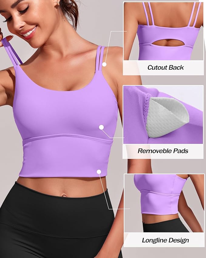 Everrysea Sports Bras for Women High Support Longline Workout Tank Tops Built in Bra Strappy Yoga Padded Crop Top