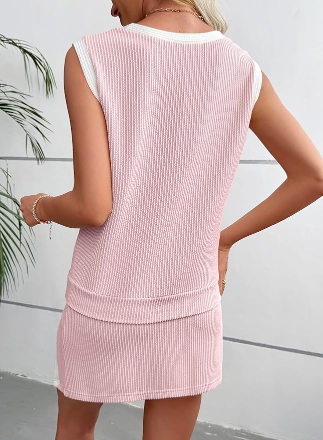 EVALESS 2 Piece Sets for Women Summer Outfits Ribbed Knit Tank Top and Split Lined Skirt Two Pieces Lounge Matching Set