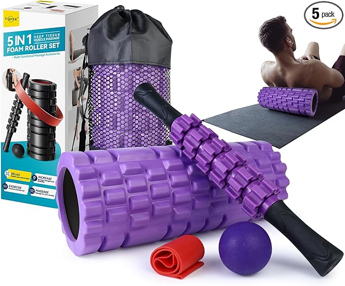Krightlink 5 in1 Foam Roller Set, High Density Deep Tissue Massager for Muscle Massage, Massage Roller, Massage Ball, Resistance Band for Whole Body Physical Therapy Deep Muscle Massage (Purple)