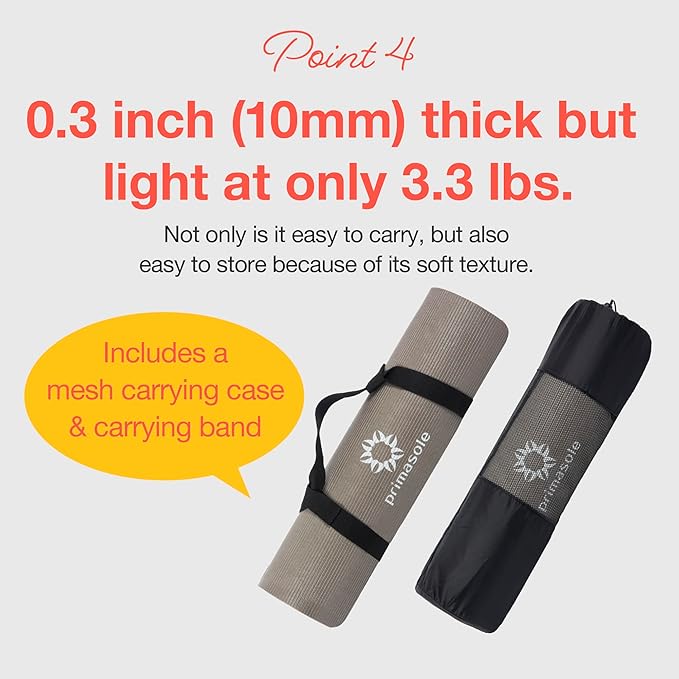 PRIMASOLE Yoga Mat Eco-Friendly Material 1/2 inch Non-Slip Yoga Pilates Fitness at Home & Gym 4 Colors with Carrying Case & Strap