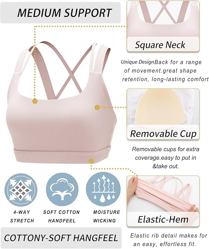 RUNNING GIRL Sports Bras for Women,Padded Strappy Sports Bras Criss-Cross Back Medium Support Sports Bras with Removable Cups
