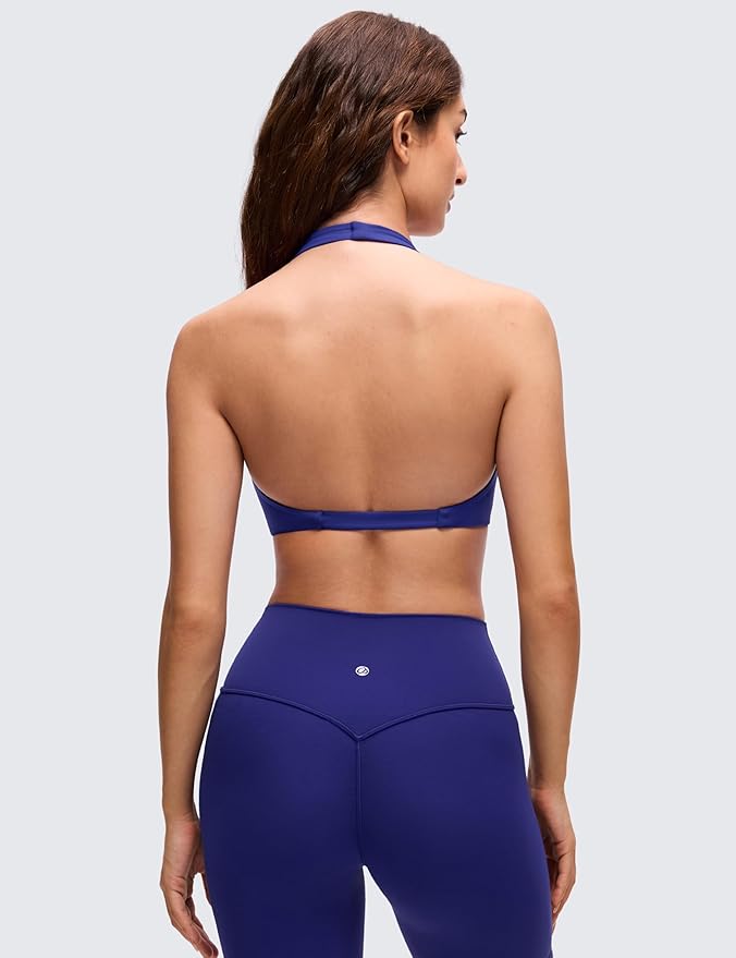 CRZ YOGA Butterluxe Double Lined Twist Halter Sports Bras for Women - Deep V Neck Crop Top Casual Open Back Non Padded