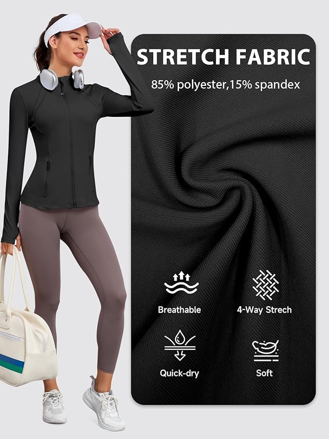 VUTRU Women Athletic Jacket Fitted Workout Running Zip Up Track Coat Layer with Thumb Holes Pockets for Yoga Gym Travel