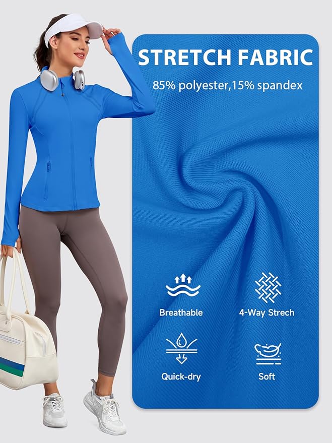 VUTRU Women Athletic Jacket Fitted Workout Running Zip Up Track Coat Layer with Thumb Holes Pockets for Yoga Gym Travel