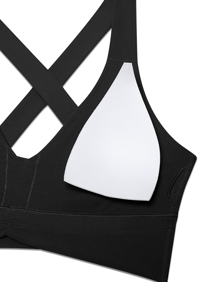 CRZ YOGA Butterluxe Ruched Longline Sports Bras for Women - V Neck Padded Yoga Tank Wide Straps Cross Back Crop Tops