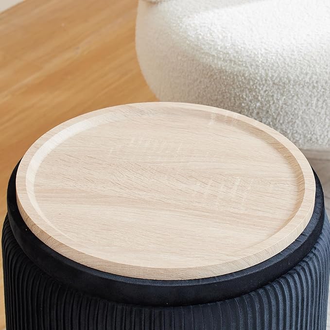 BLEXA Round Ottoman with Storage Set of 2-Upholstered Velvet Vanity Stool for Makeup Multifunctional Ottomans Coffee Table Padded Seat Foot Rest for Living Room&Bedroom (Black-Upgrade Tray Lid)
