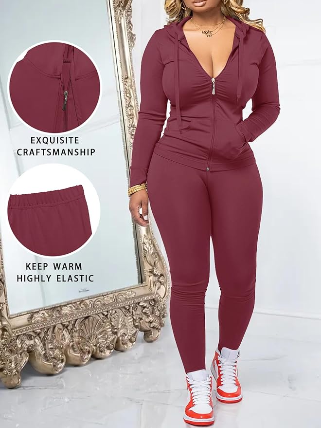 Women Two Piece Outfits Workout Sets Bodycon Legging Jacket Tracksuit Zip Up Hoodie Jogger Matching Sweat Pants Set
