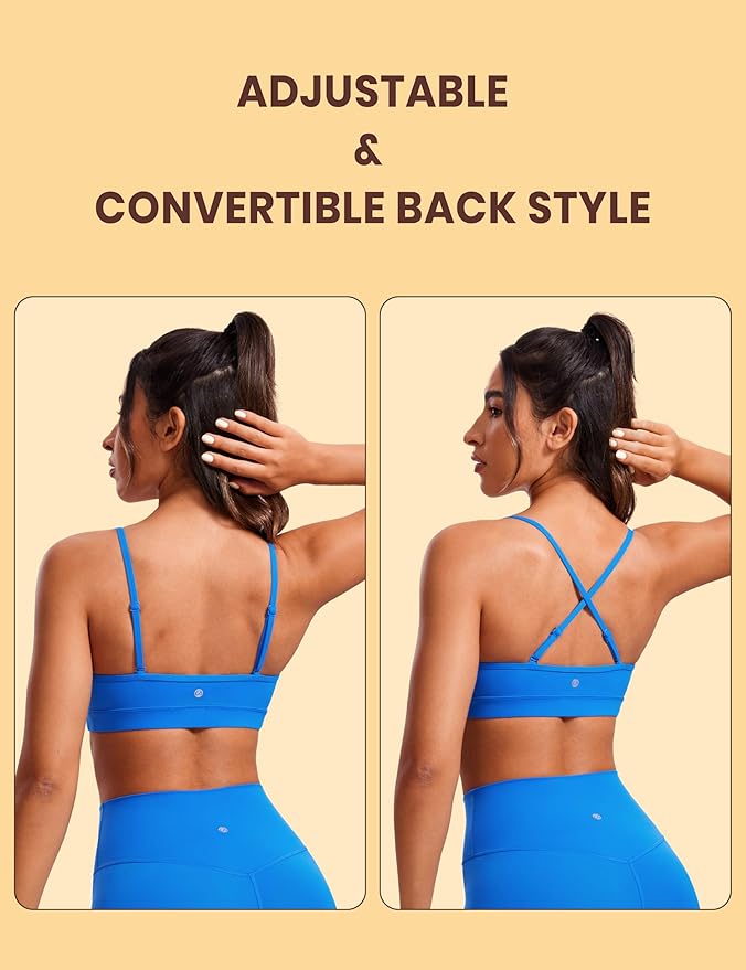 CRZ YOGA Butterluxe V-Neck Sports Bras for Women - Adjustable Thin Straps Padded Yoga Top Basic Wireless Camisole