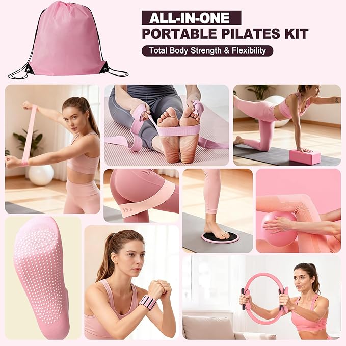 Pilates Kit, Home Pilates Workout Kit for Women, Pilates Equipment with Pilates Ring and Ball, Yoga Block & 5 Resistance Bands, Ankle Weights, Sliders & Grip Socks, Workout Guide Included