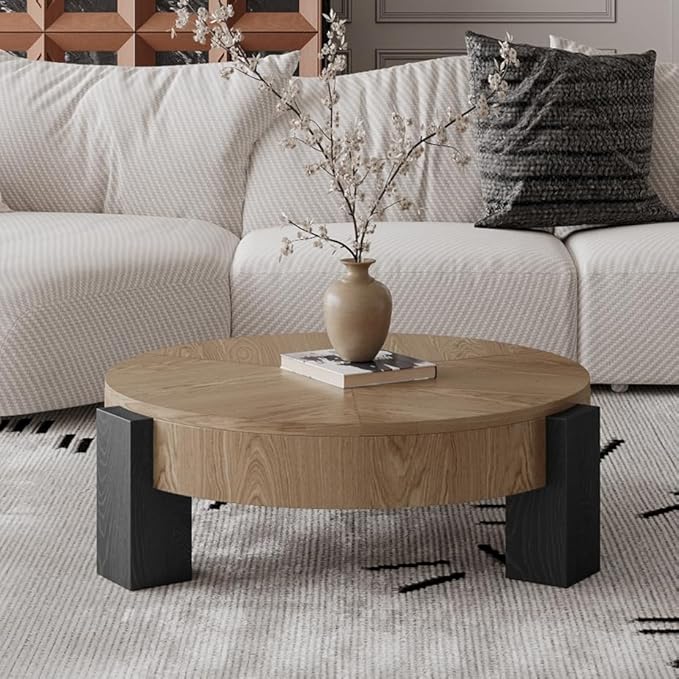33'' Round Coffee Table with Hidden Storage, Modern Wood Veneer Top, 3 Block Legs Sturdy Center Accent Table for Living Room, Small Space, Natural Wood & Black