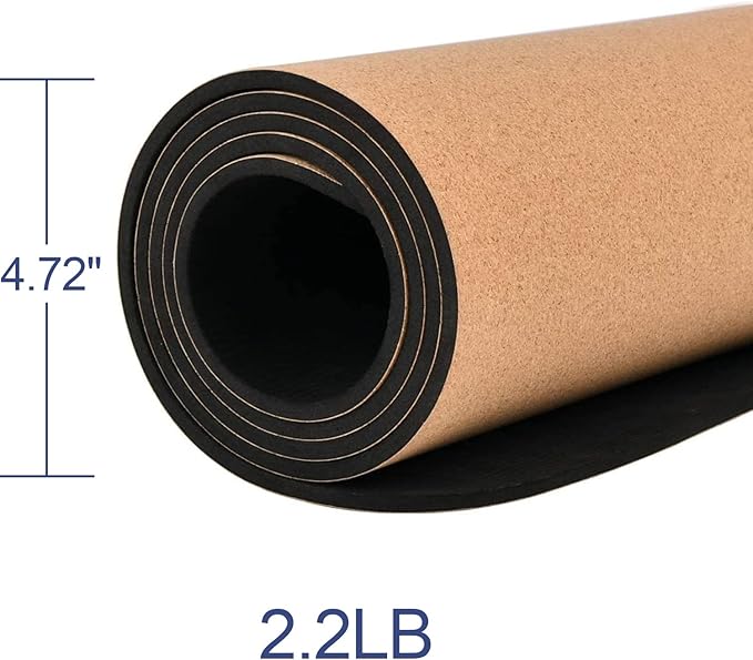 Numat Cork Yoga Mat 6mm (1/4 inch) Thick 72 x 24 in, Sweatproof NonSlip Eco-friendly, Lightweight TPE foam with Alignment Lines, Great for Hot Yoga, Pilates, Gym and Exercise, Black Carrying Bag w. Strap Included
