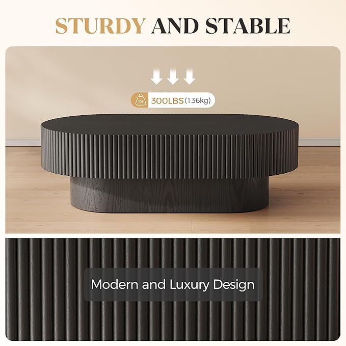 YOUDENOVA 43.7” Oval Coffee Table, Modern Wood Fluted Coffee Table for Living Room, Veneer Handcrafted Relief Center Table with Sturdy Pedestal，Easy Assembly - Black