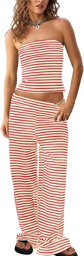 Tankaneo Womens Striped 2 Piece Sets Summer Strapless Crop Tube Tops Wide Leg Pants Matching Lounge Set Vacation Outfits