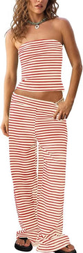 Tankaneo Womens Striped 2 Piece Sets Summer Strapless Crop Tube Tops Wide Leg Pants Matching Lounge Set Vacation Outfits
