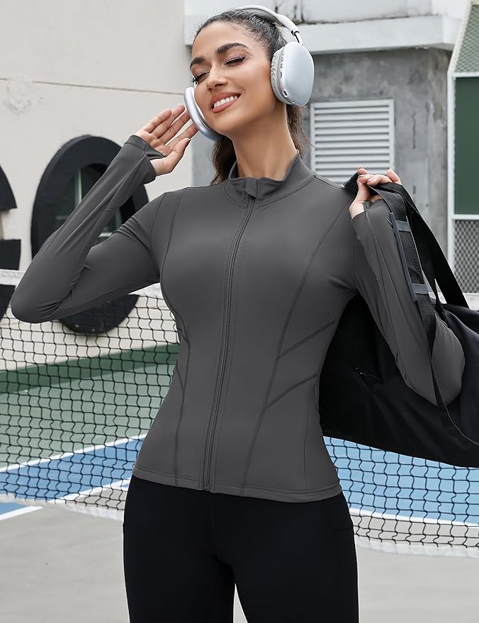 Rapbin Women's Slim Fit Workout Jackets Full Zip Long Sleeve Running Athletic Tops Yoga Shirts with Thumb Holes