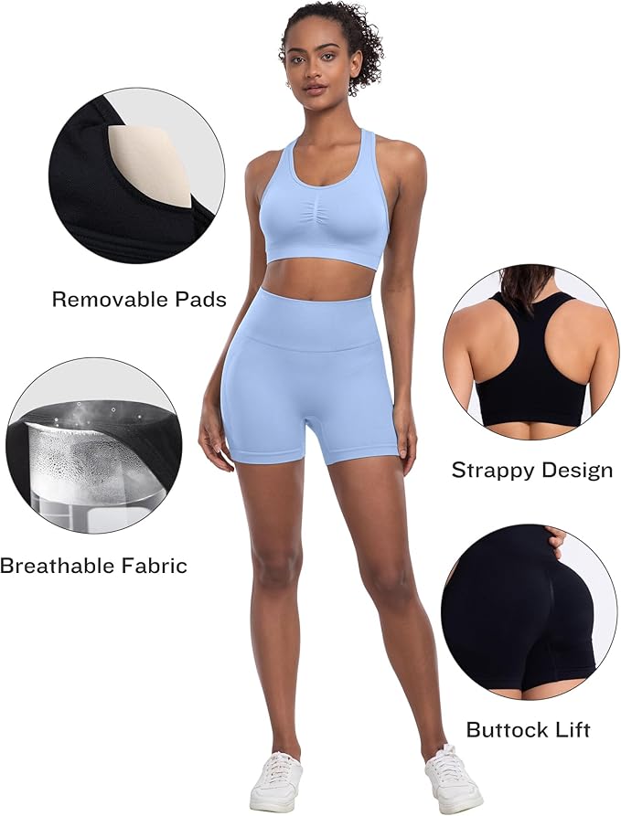 Workout Sets for Women 2 Piece - Seamless Yoga Outfits Shorts and Padded Sports Bra Gym Athletic Clothing Set
