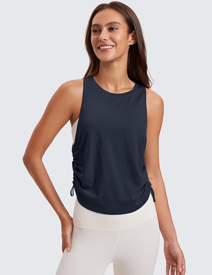 CRZ YOGA Pima Cotton Ruched Side Tank Tops for Women - Workout Athletic Casual Racerback Crewneck Loose Sleeveless Shirts