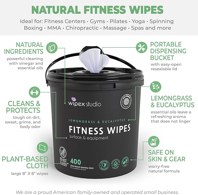 Wipex Gym Plant-Based Wipes, EWG Verified, Natural Surface & Equipment Cleaning with Lemongrass, Eucalyptus & Vinegar for Home or Fitness Studio, Yoga Mats, Peloton Bikes, 400 Count (Pack of 2)