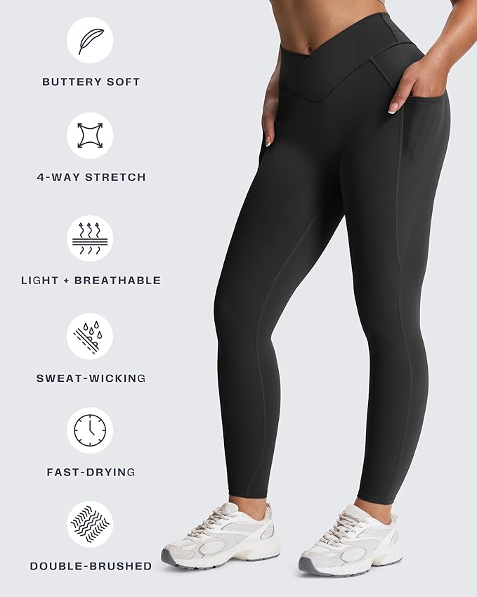 Aoxjox Women's Trinity High Waisted Yoga Pants with Pockets Cross-Waist Tummy Control Buttery Soft Workout Leggings 26"