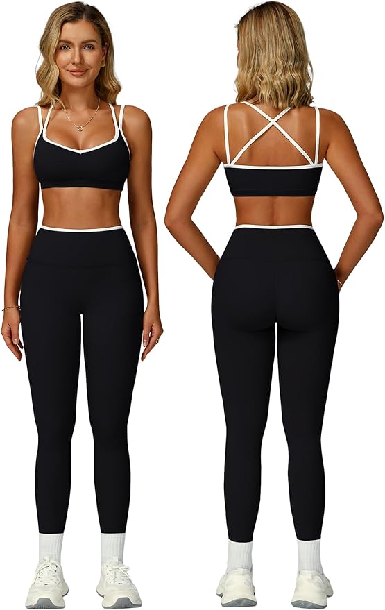 ABOCIW Two Piece Workout Sets for Women Color Block Strappy Sports Bra High Waist Leggings Yoga Pilates Outfits