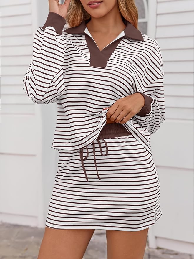 Fisoew Womens Striped 2 Piece Outfits Casual Sweatshirt Skirt Set Long Sleeve Skort Workout Set Matching Lounge Sets
