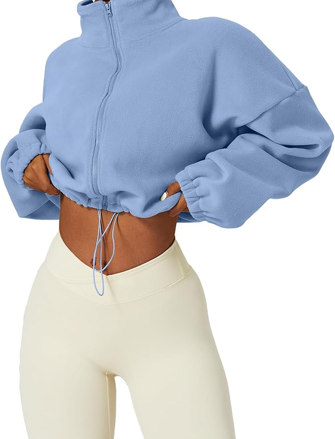 QINSEN Women's Full Zip Fleece Short Jacket Warm Winter Long Sleeve Stand Collar Sherpa Crop Coat