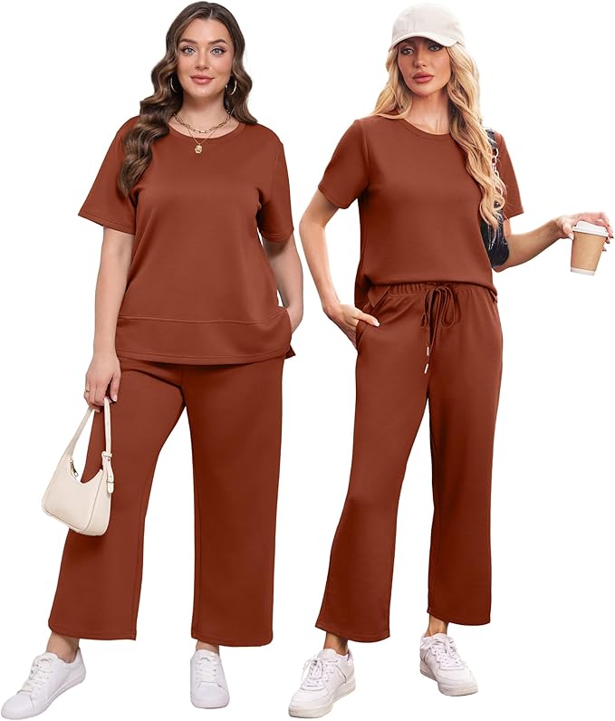 XIEERDUO Women's Side Slit Lounge Sets 2026 Fashion 2 Piece Travel Outfits Cozy Loungewear Wide Leg Tracksuits S-3XL