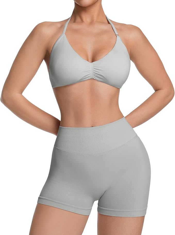 Comper 2 Piece Workout Sets for Women Halter Strappy Sports Bra with Seamless Ribbed Gym Yoga shorts Outfits