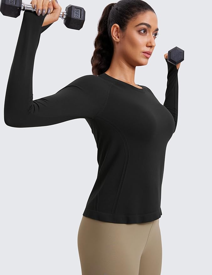 CRZ YOGA Seamless Long Sleeve Shirts for Women Waist Length - Workout Athletic Running Gym Yoga Tops Crewneck Breathable