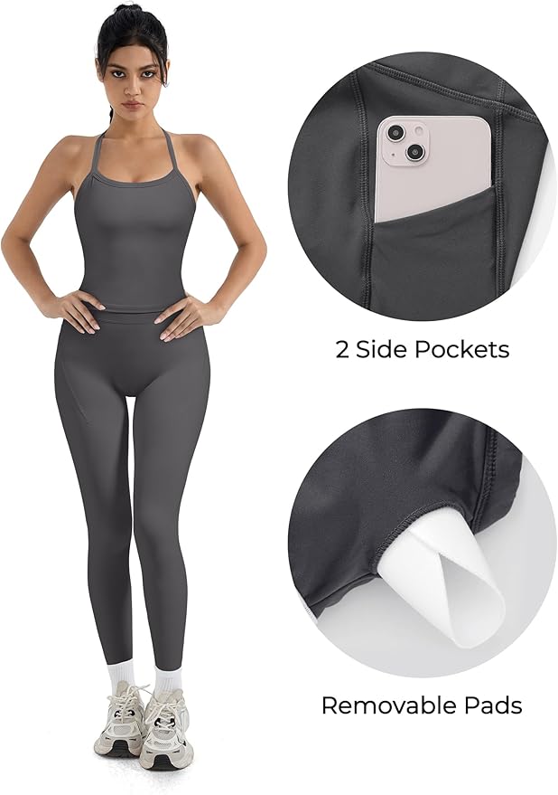 SUUKSESS Women 2 Piece Workout Sets Compression Tummy Control Leggings with Pockets Halter Built in Bra Tank Tops