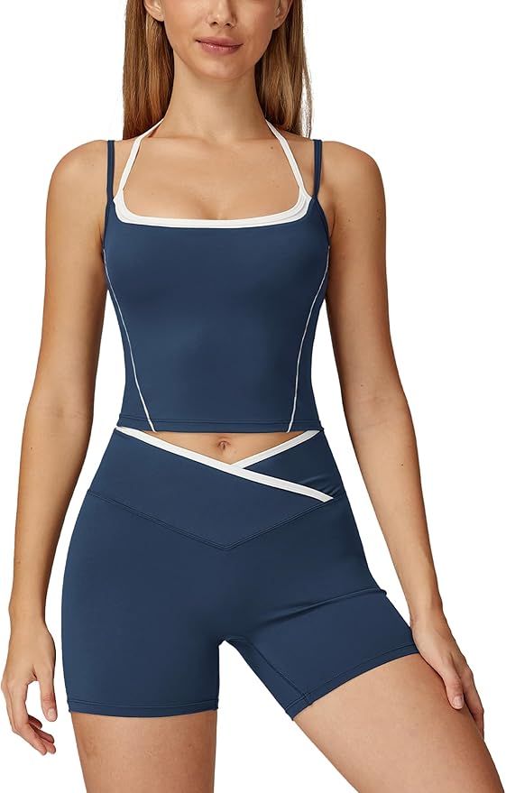 ABOCIW Workout Sets for Women 2 Piece Color Block Layered Cropped Tank Top Crossover High Waist Biker Shorts Gym Sets